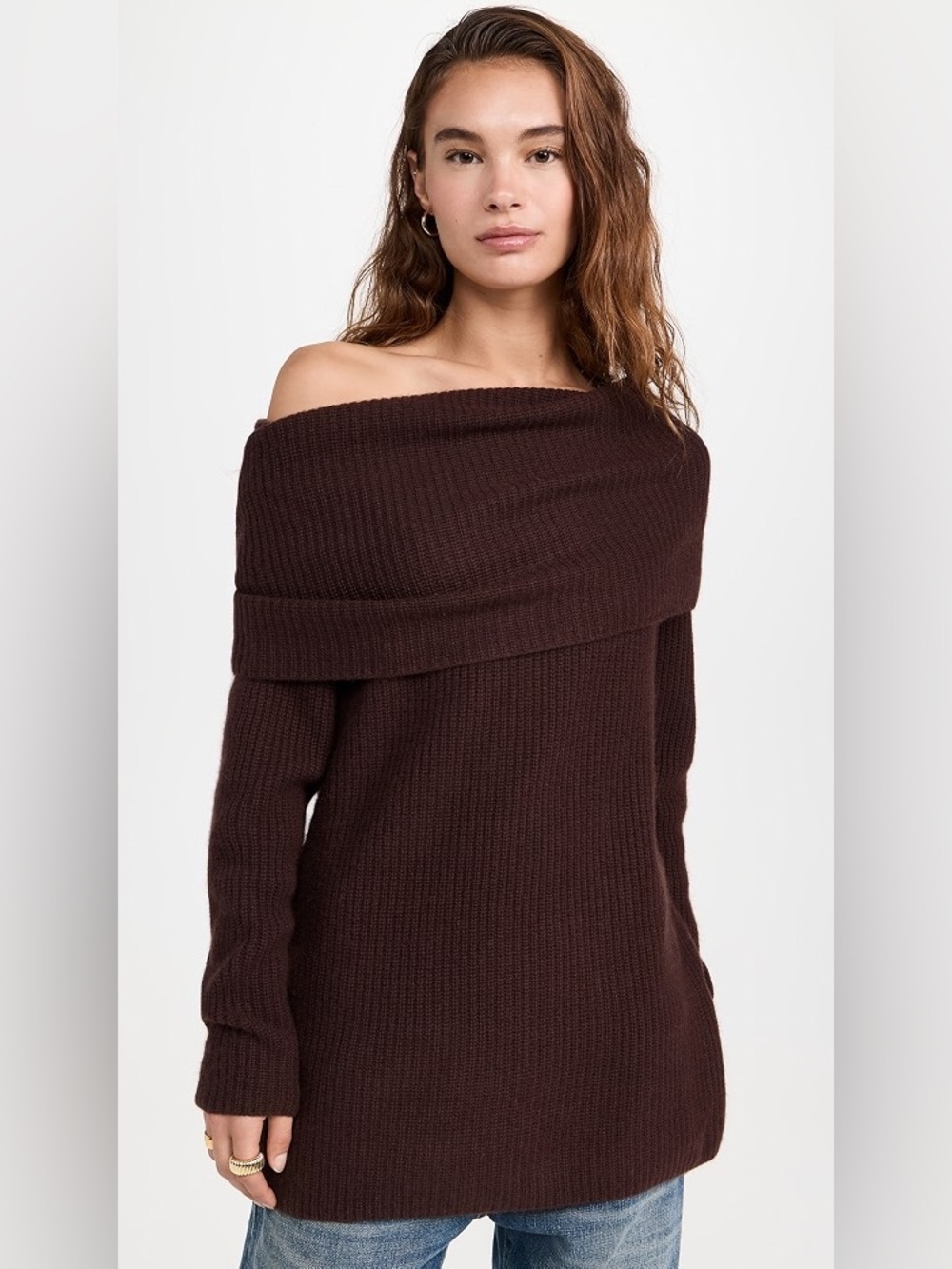 Alice + Olivia cashmere wool sweater tunic ginger off shoulder pullover espresso
